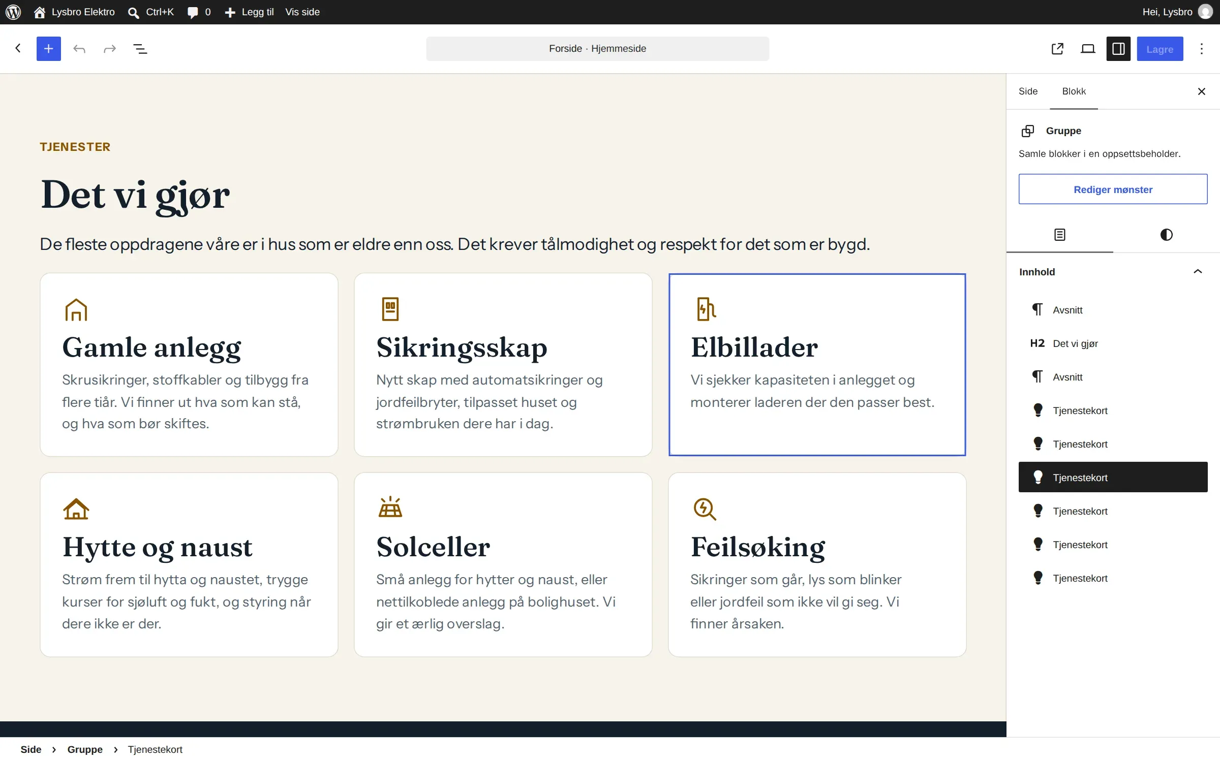 Blokkredigeringen med forsiden til Lysbro Elektro. Tjenestekortene er egne blokker, og listevisningen til høyre viser at seksjonen bare har innholdsblokker som kan redigeres.