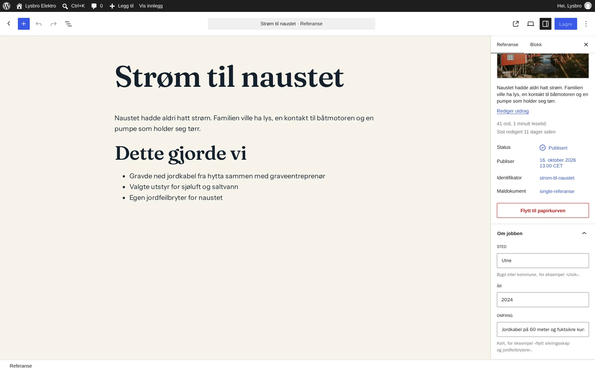 Redigering av referansen «Strøm til naustet» med panelet «Om jobben» til høyre, der sted, år og omfang fylles inn.