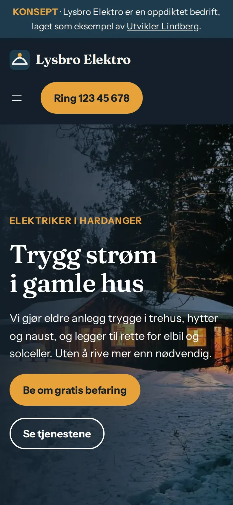 Forsiden til Lysbro Elektro på mobil med konseptmerket øverst, logo, meny, ringeknapp og overskriften «Trygg strøm i gamle hus».
