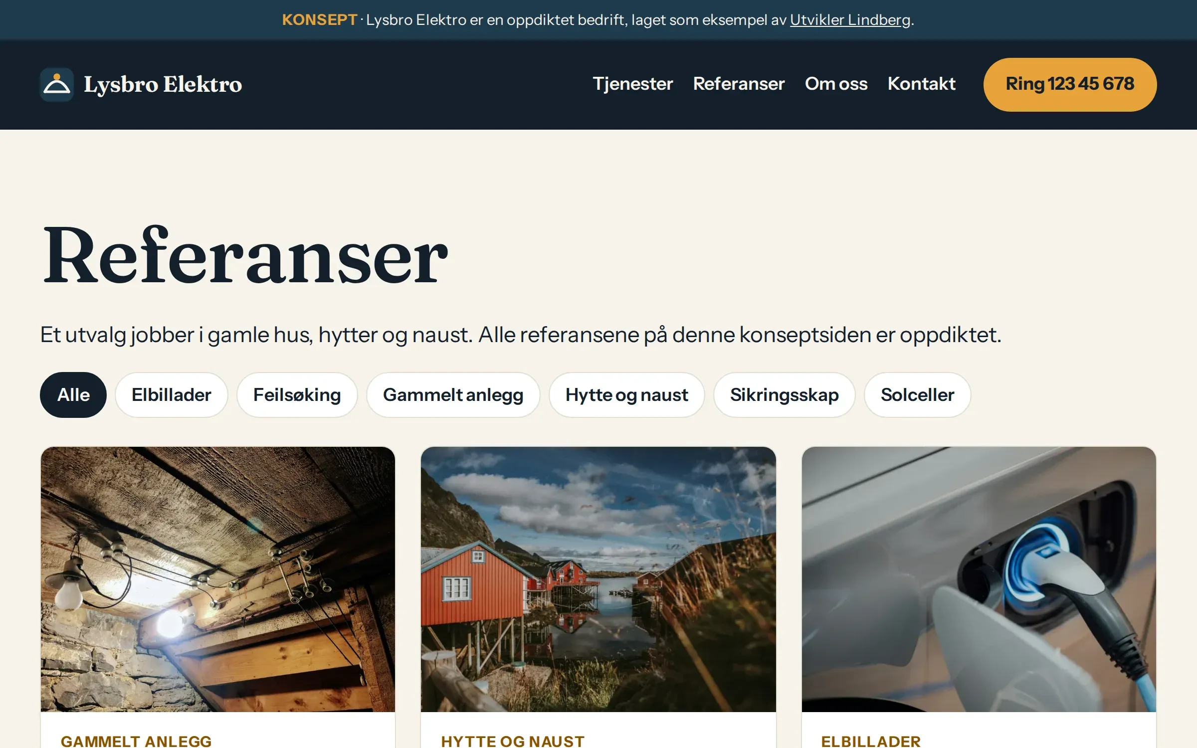 Referanseoversikten med filter for jobbtype og kort med bilde og jobbtype.