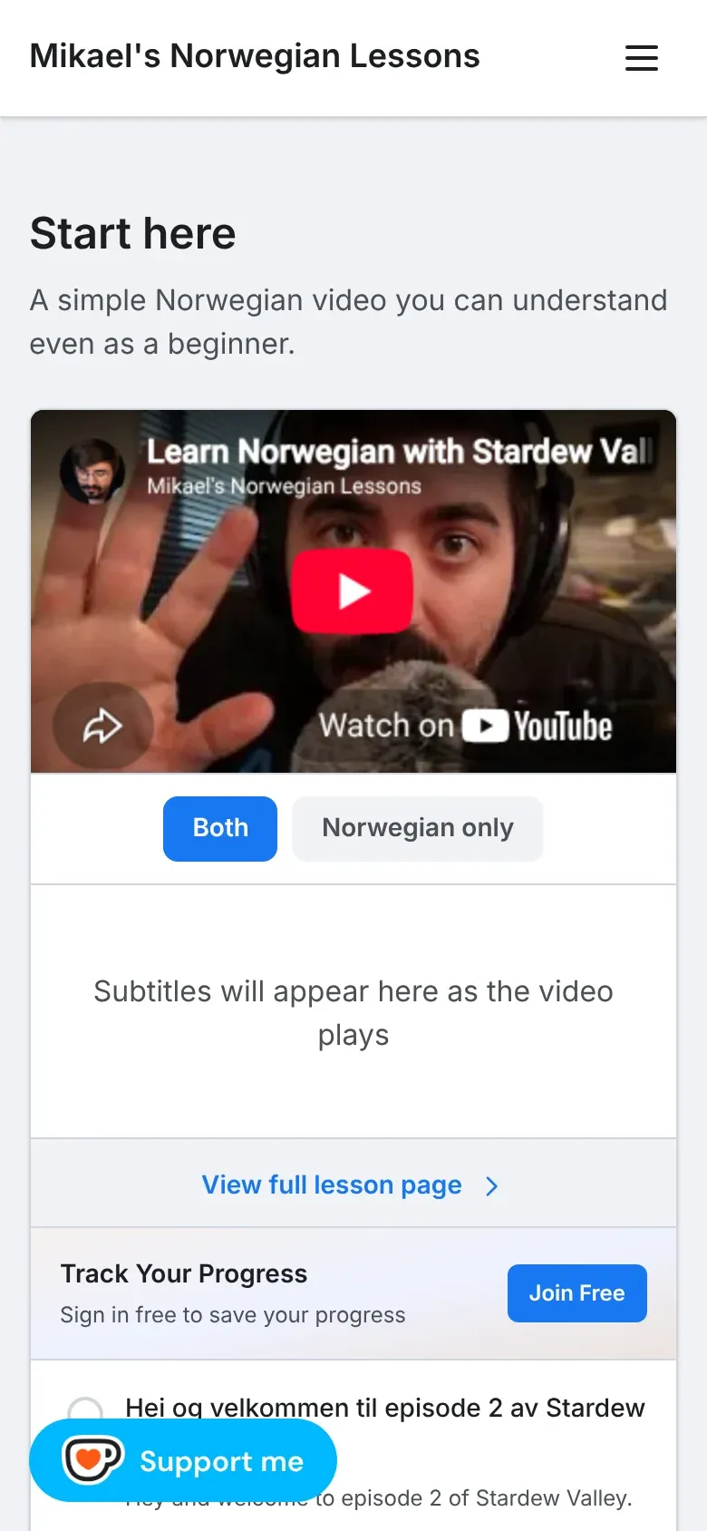 Forsiden på mobil, med videoen øverst og undertekstene under.