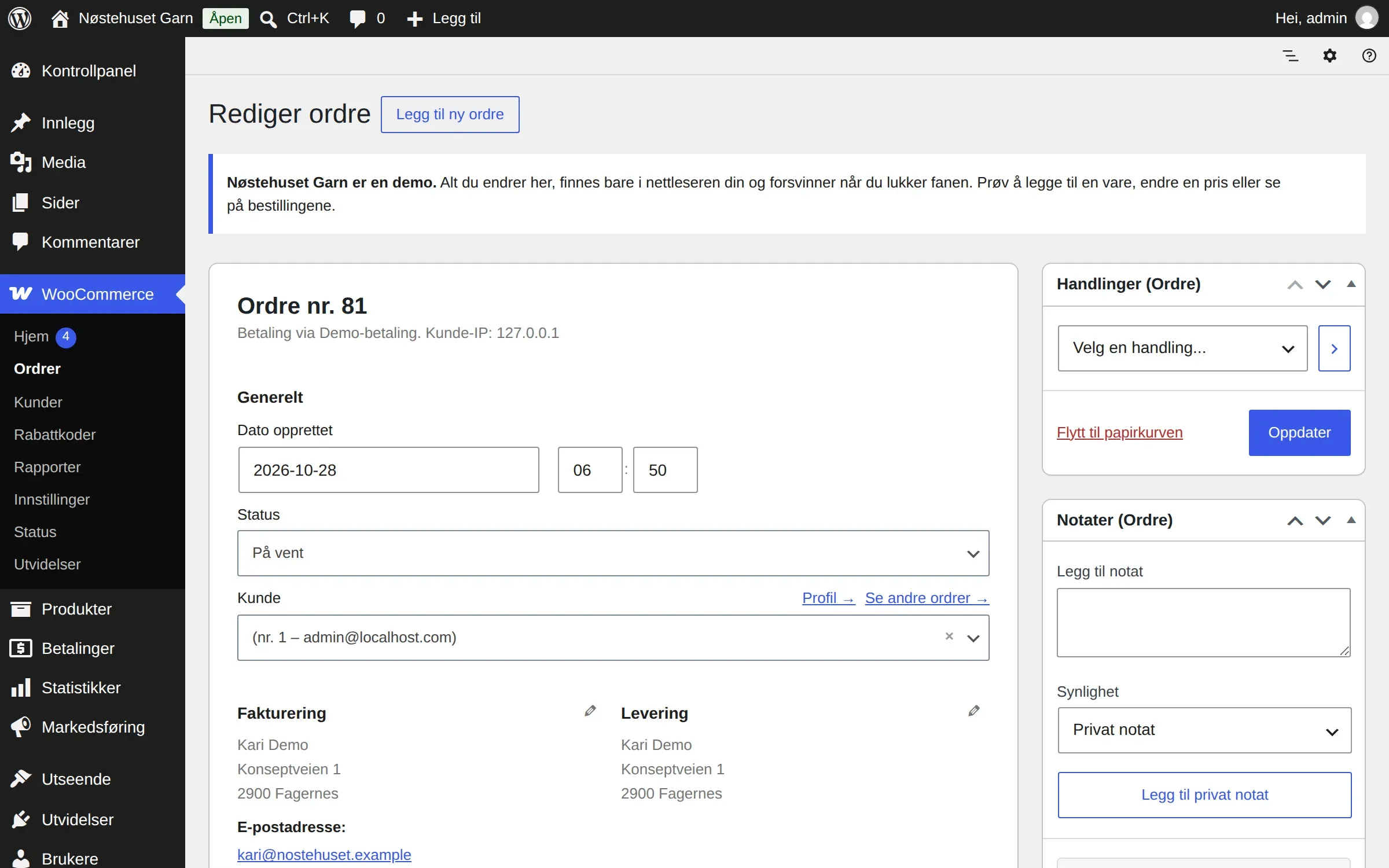 Bestillingen i wp-admin: ordre nr. 81 betalt med demo-betaling, status «På vent», kunden og faktura- og leveringsadressen, og en melding om at butikken er en demo.