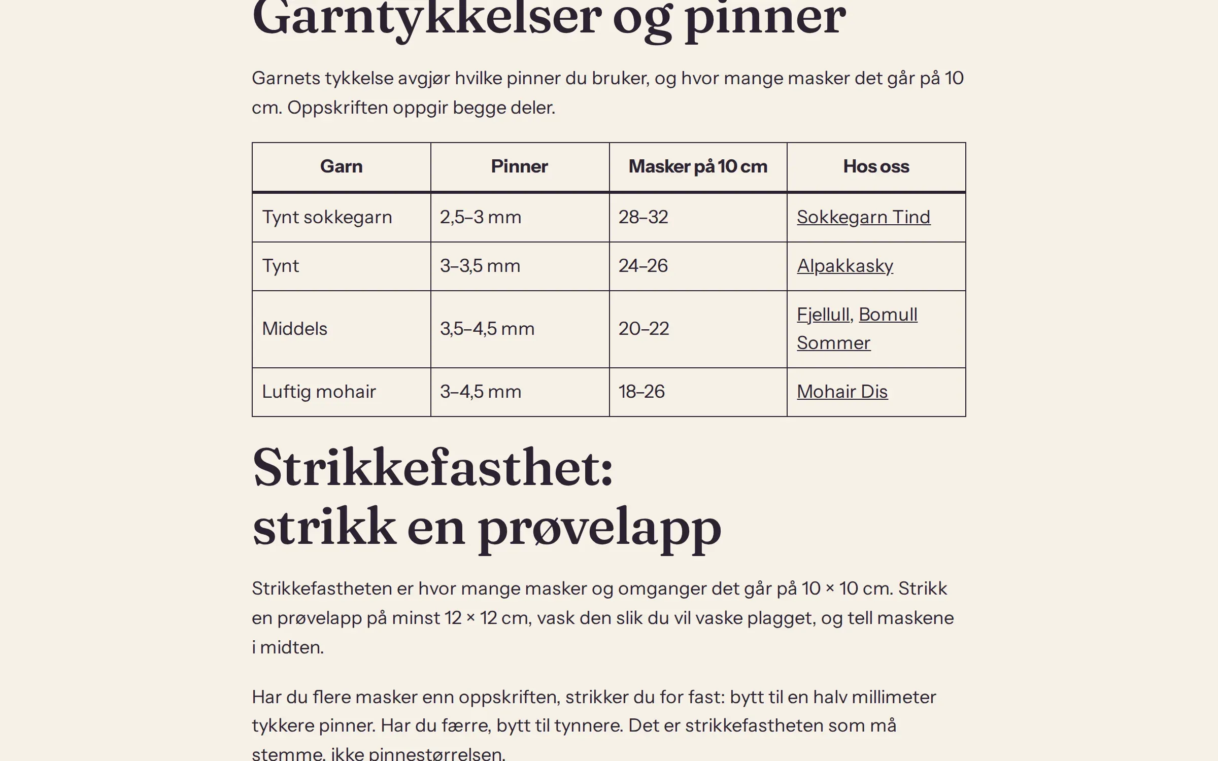 Garnguiden med en tabell over garntykkelser, pinner og masker på 10 cm, med lenker til garnet i butikken, og avsnittet om strikkefasthet.