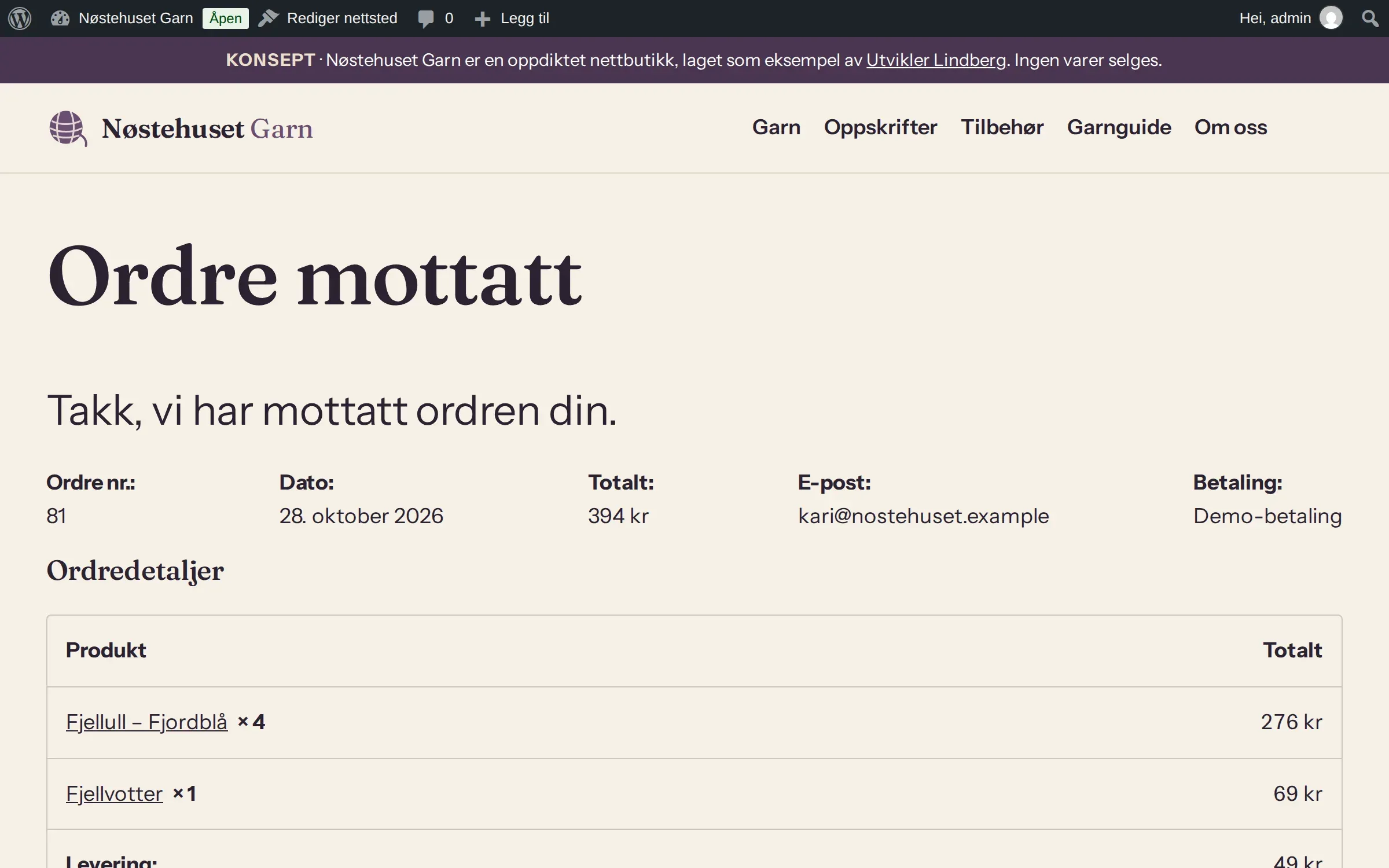 Ordrebekreftelsen «Ordre mottatt» med ordrenummer, dato, totalt 394 kr, e-post og demo-betaling, og en liste med fire nøster Fjellull i Fjordblå og oppskriften Fjellvotter.