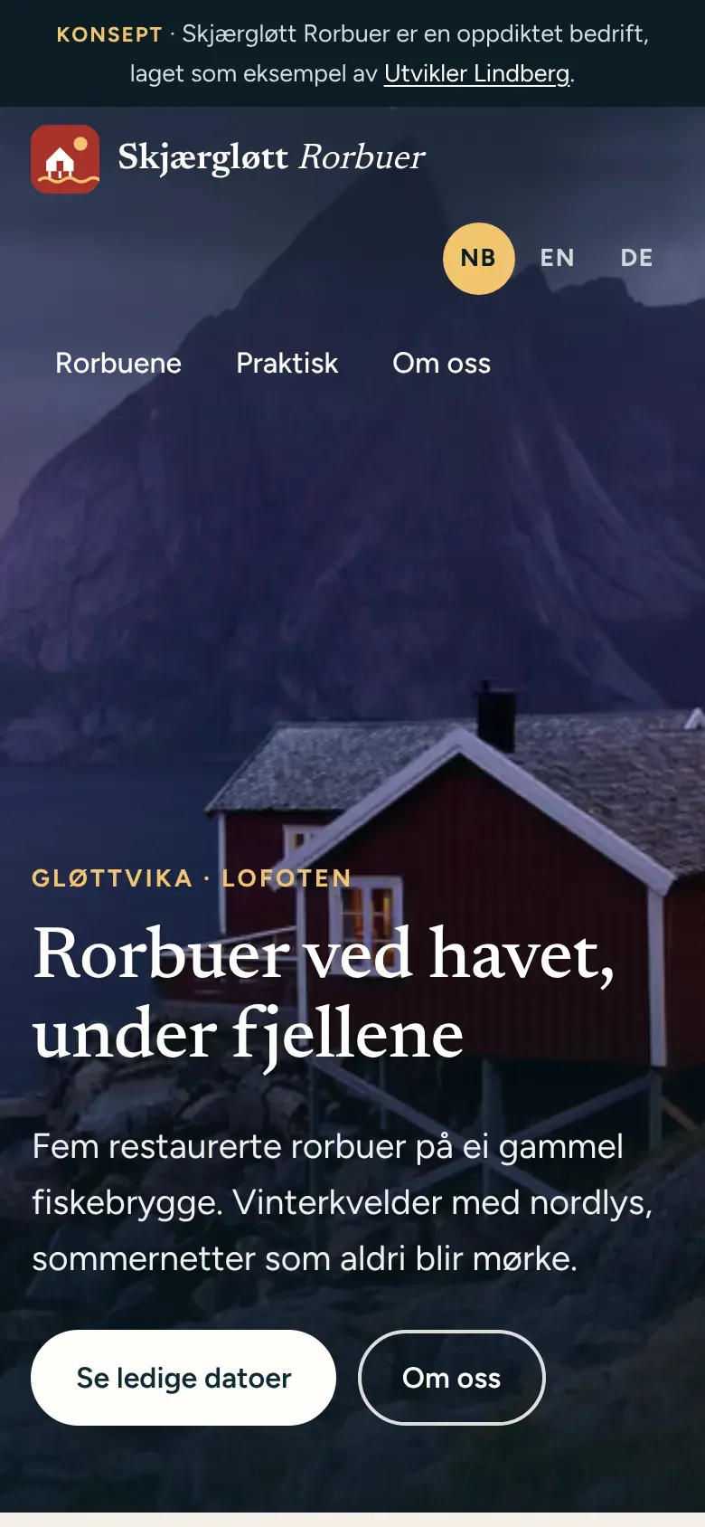 Forsiden på mobil med konseptmerket, logo, språkvelger, meny og overskriften over bildet av rorbua.