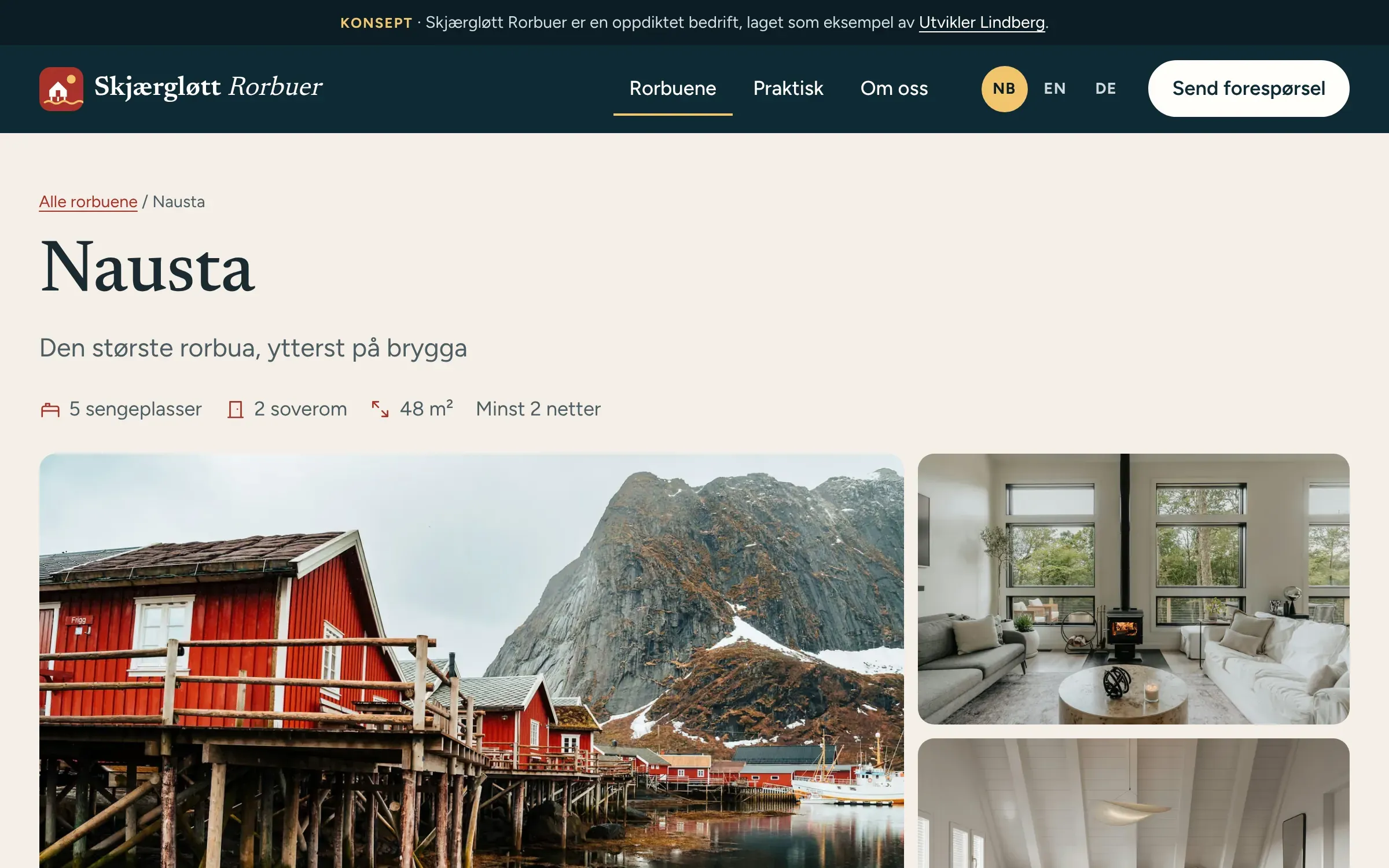 Siden for rorbua Nausta med navn, sengeplasser, soverom og størrelse, et stort bilde av rorbua og to bilder fra stue og soverom.