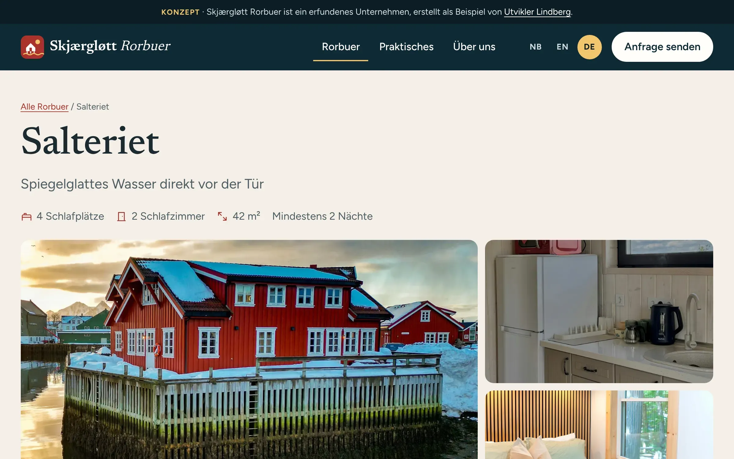 Siden for rorbua Salteriet på tysk, med språkvelgeren øverst der DE er valgt.